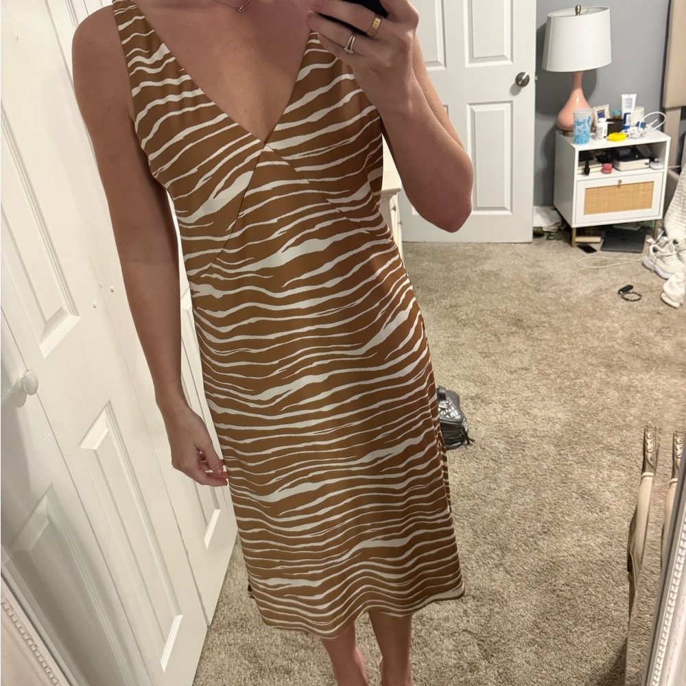 A New Day Brown and Cream Ruched Sheath Midi Dress